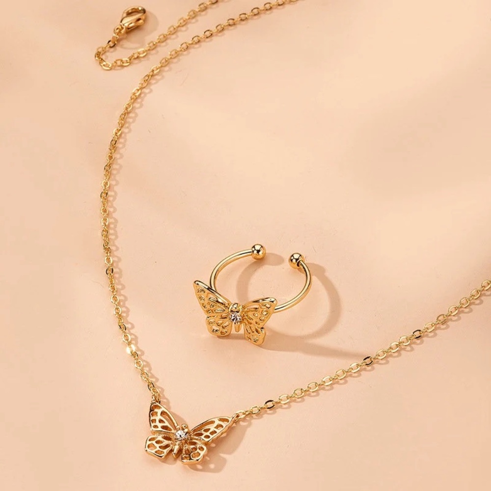Dainty Zircon Butterfly Necklace, Cuff Ring Set